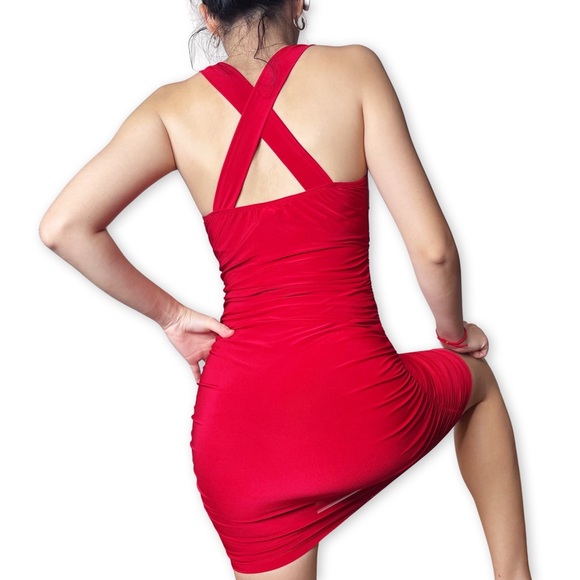 Vintage Red Ruched Bodycon Mini Dress Size S - Picture 3 of 16